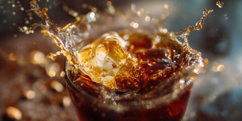 Cold brew coffee splash with ice cube in glass, refreshing beverage with dynamic motion and warm lighting