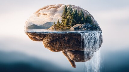 Mindscape: A captivating illustration blends the elements of the brain with the natural world, symbolizing the intricate connection between thought and the environment.