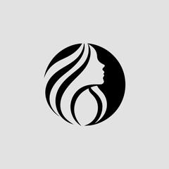 Minimalist beauty salon logo with female face profile and flowing hair inside a circle, elegant black vector design for spa, cosmetics, or hair styling brand identity.