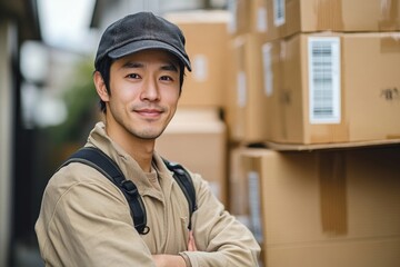 Asian moving service man checking the list of items before packing to cardboard boxes for relocation, Generative AI