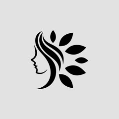 Elegant Woman Profile Logo with Natural Leaves and Flowing Hair