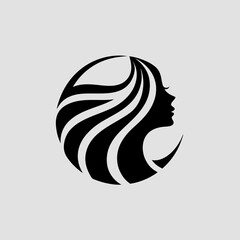 Minimalist beauty salon logo with female face profile and flowing hair inside a circle, elegant black vector design for spa, cosmetics, or hair styling brand identity.