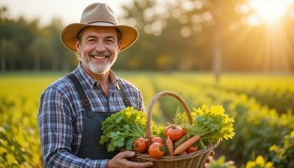 happy middle-aged farmer in clean work clothes, smiling while holding a basket of fresh organic vegetables (tomatoes, carrots, lettuce) in a sunlit vegetable field, golden hour lighting