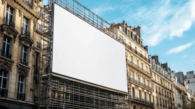 Large blank billboard on historical building in city center