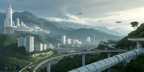 Futuristic city nestled in green mountains with advanced infrastructure