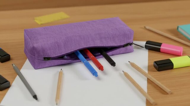 Purple pencil case filled with colorful pens on desk