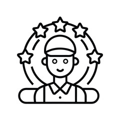 Happy person with stars around them representing achievement and recognition isolated on white background
