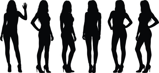 Stylish Female Silhouettes Vector Collection: Diverse Women Posing, Fashionable Figures, Ideal for Beauty, Apparel Design, and Lifestyle Concepts