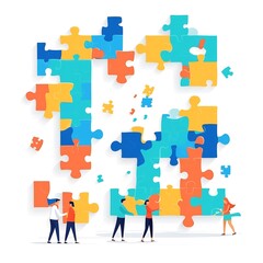 Coding flat vector Puzzle pieces connecting with ifelse syntax, bright blocks, white background.