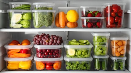 Organized refrigerator interior featuring labeled containers and fresh ingredients neatly arranged on clean shelves, symbolizing smart food storage, meal planning,modern kitchen hygiene safety concept