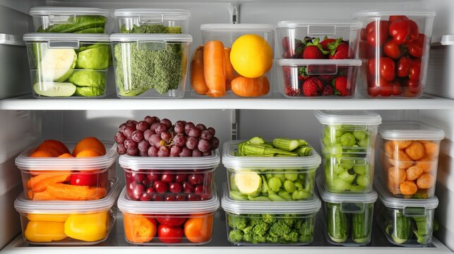 Organized refrigerator interior featuring labeled containers and fresh ingredients neatly arranged on clean shelves, symbolizing smart food storage, meal planning,modern kitchen hygiene safety concept