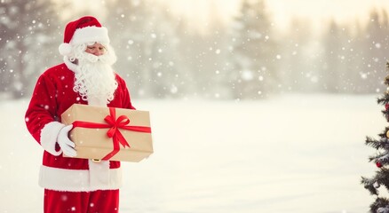 Santa Claus holding a present in snowy winter landscape, festive gift delivery and holiday magic &ndash; Christmas celebration and joyful tradition concept.