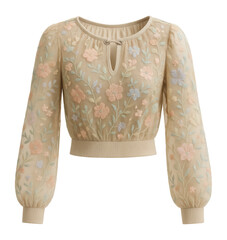 Embroidered mesh peasant top with elastic cuffs and waist