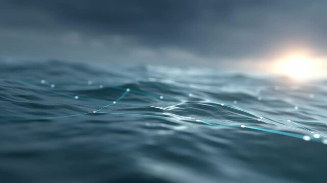 Ocean wave with digital network connection lines and dots at sunset symbolizing export tariffs affecting water connections in global commerce