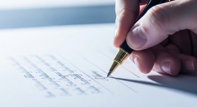 Signing a crucial document with a classic pen a moment of commitment and formality