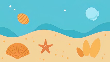 Flat Summer Beach Background with Seashells and Starfish