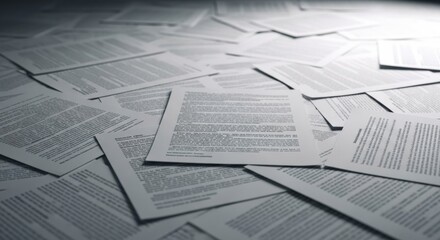 Scattered sheets of paper filled with textual information under focused light
