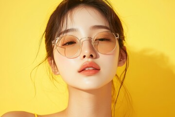 Facial expression of Asian female feeling the weather in summer, shot in studio with yellow background, Generative AI