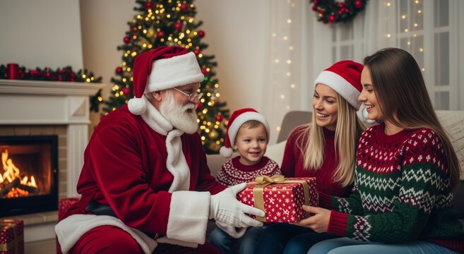 Santa, family and Christmas tree in cozy living room for holiday gift giving and festive celebration – Magic, joy and seasonal tradition at home