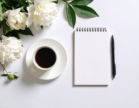 White Peonies Coffee Cup and Notebook on Desk