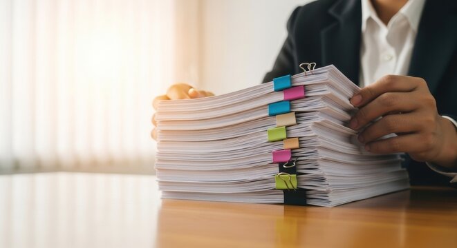 Diligent handling of substantial paperwork volumes with vibrant organizing clips during