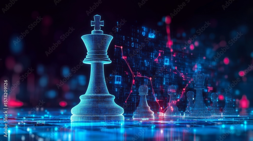 Poster strategic game of intelligence computer system depicts chess composition with blue binary data