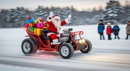 Santa Claus driving a festive hot rod with gifts on snowy road, joyful holiday spirit and winter adventure &ndash; playful Christmas celebration and surprise delivery.