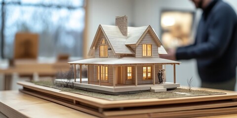 Close-up on model house on the table, with a client doing a handshake in the background, Generative AI