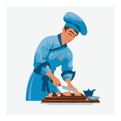 Professional Chef Preparing Sushi with Precision in Cartoon Style