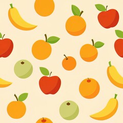  Seamless Fresh Fruit Pattern with Apples, Oranges, and Bananas