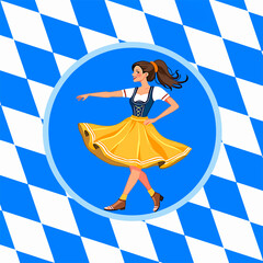 From the Oktoberfest series: a girl in a dirndl dances a folk dance against the background of a traditional Bavarian pattern with blue and white diamonds.
