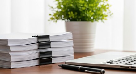 Organized desk scene with stacked documents, laptop, and pen beside a green plant