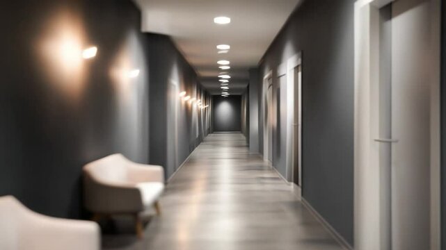 Modern Office Corridor: A long, dimly lit corridor in a modern office building.  The hallway features sleek dark grey walls, bright recessed lighting, and two beige armchairs providing a quiet space.