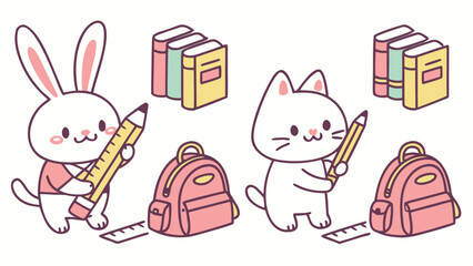 Cute cartoon bunny and cat with school supplies isolated on white background