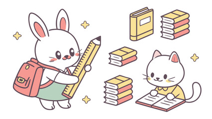 Cute cartoon bunny and cat with books and pencil isolated on white background