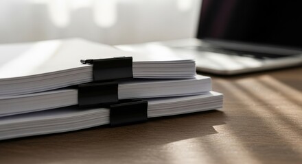 Stacked documents secured by binder clips illuminated by natural light on a wooden desk