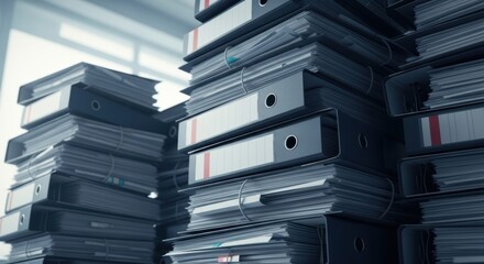 Stacks of binders and paper organized in an office setting showcasing administrative tasks