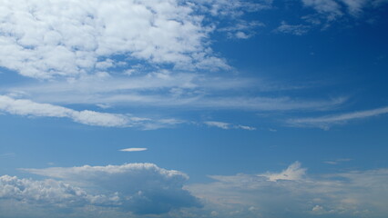 A Beautiful Blue Sky adorned with Fluffy White Clouds glowing under the bright sunshine