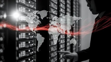 Businesswoman working with global network servers and managing data flow in a futuristic data center, ensuring seamless connectivity and efficient operations worldwide - Powered by Adobe