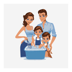 Family Cooking Together in a Cartoon Style Vector Illustration