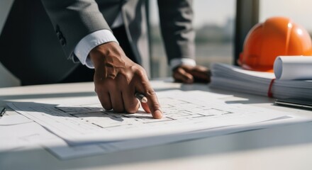 Professional architect reviewing construction blueprints and project plans carefully on a desk