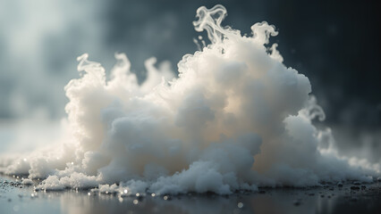 Dramatic white smoke billowing on a reflective surface creates a surreal visual effect with dreamy atmosphere
