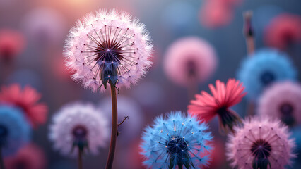 Obraz premium Dreamy dandelion meadow with soft pastel colors creating a serene and whimsical nature scene