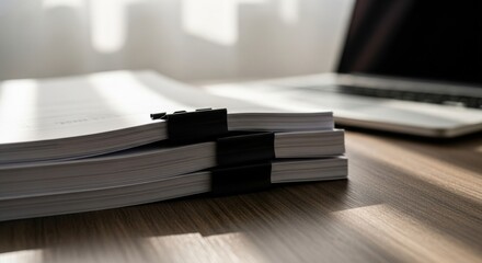 Neatly stacked documents secured by binder clips resting on a wood desk near a laptop