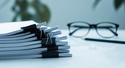 Detailed View of Stacked Paperwork Secured by Black Binder Clips Adjacent to Eyeglasses and a