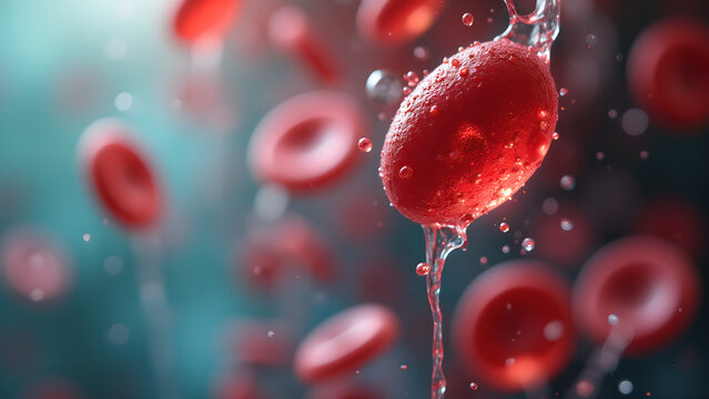 Red blood cells flowing in bloodstream with water droplets, scientific medical illustration visualization for health - Powered by Adobe