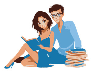 Young Couple Reading Together in a Cozy Cartoon Style Illustration