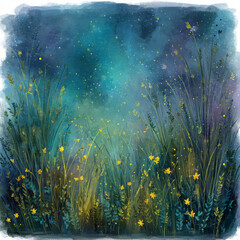 Obraz premium Fireflies dance joyfully amid grassy fields under starlit night