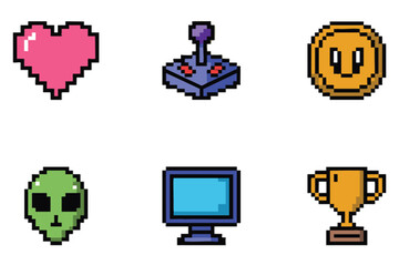 Pixel Art Icons: Hearts, Controllers, Trophies, and Aliens for Game Design
