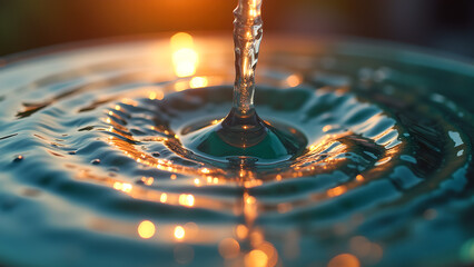 Mesmerizing close up shot of water droplet falling into a calm pool creating ripple effects during sunset